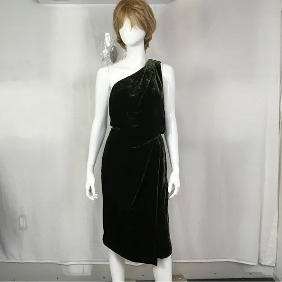 Reiss EDEN Green Velvet One Shoulder Evening Cocktail Midi Dress Size 8 - Picture 2 of 14